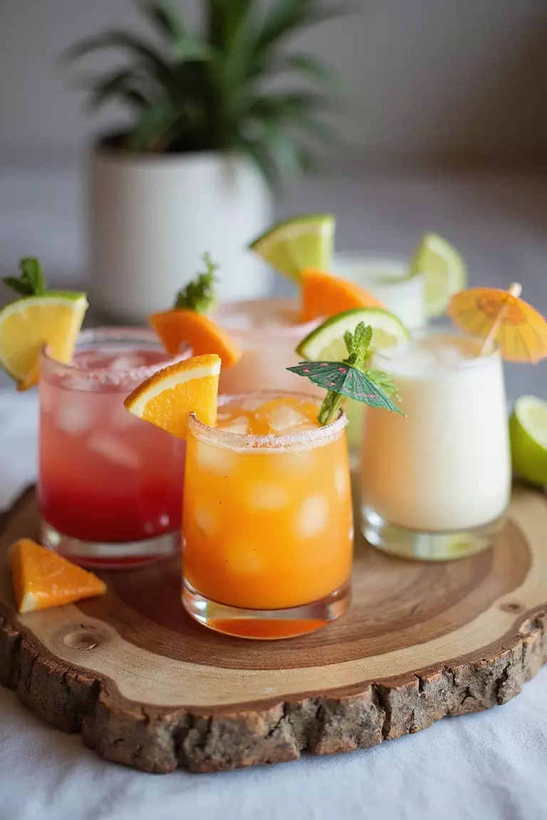 Serve Signature Cocktails A professional photo, similar to a photo in a wedding magazine, of colorful signature cocktails garnished with tropical fruits and tiny umbrellas on a driftwood serving tray.