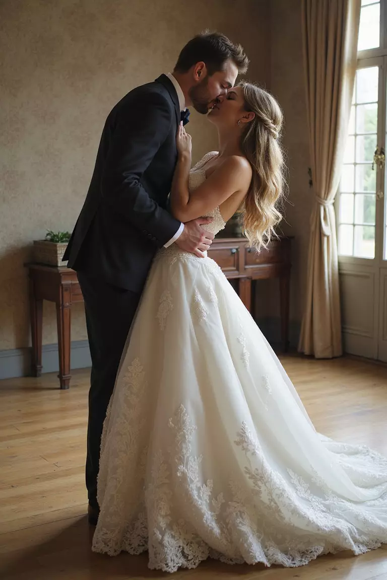 Dip Kiss Shot A professional photo, similar to a photo in a wedding magazine, of groom dipping bride dramatically during kiss, her dress cascading elegantly.