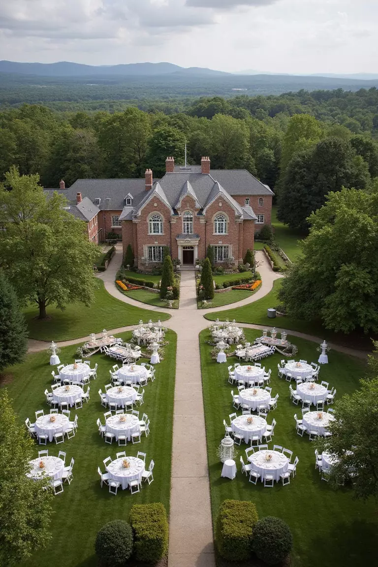 Aerial Drone Perspectives A professional photo, similar to a photo in a wedding magazine, of wedding venue and surrounding landscape captured from above, showing entire celebration layout.