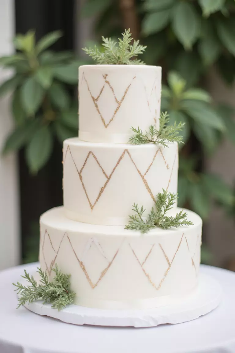 Metallic Gold Wedding Cake A professional photo, similar to a photo in a wedding magazine, of a three-tier white wedding cake decorated with geometric gold leaf patterns and small green botanical accents.