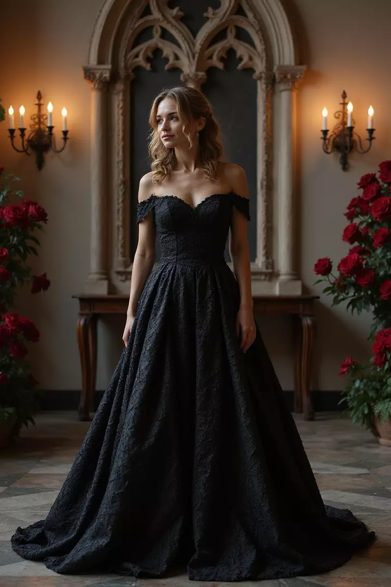 Gothic Elegance With Black Lace Details A professional photo, similar to a photo in a wedding magazine, of a bride wearing a black lace gown against a gothic cathedral backdrop with crimson roses and candelabras casting dramatic shadows.