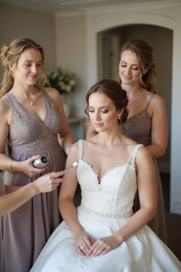Behind The Scenes Getting Ready A professional photo, similar to a photo in a wedding magazine, of bridesmaids helping bride with final touches, makeup brushes and hairspray visible.
