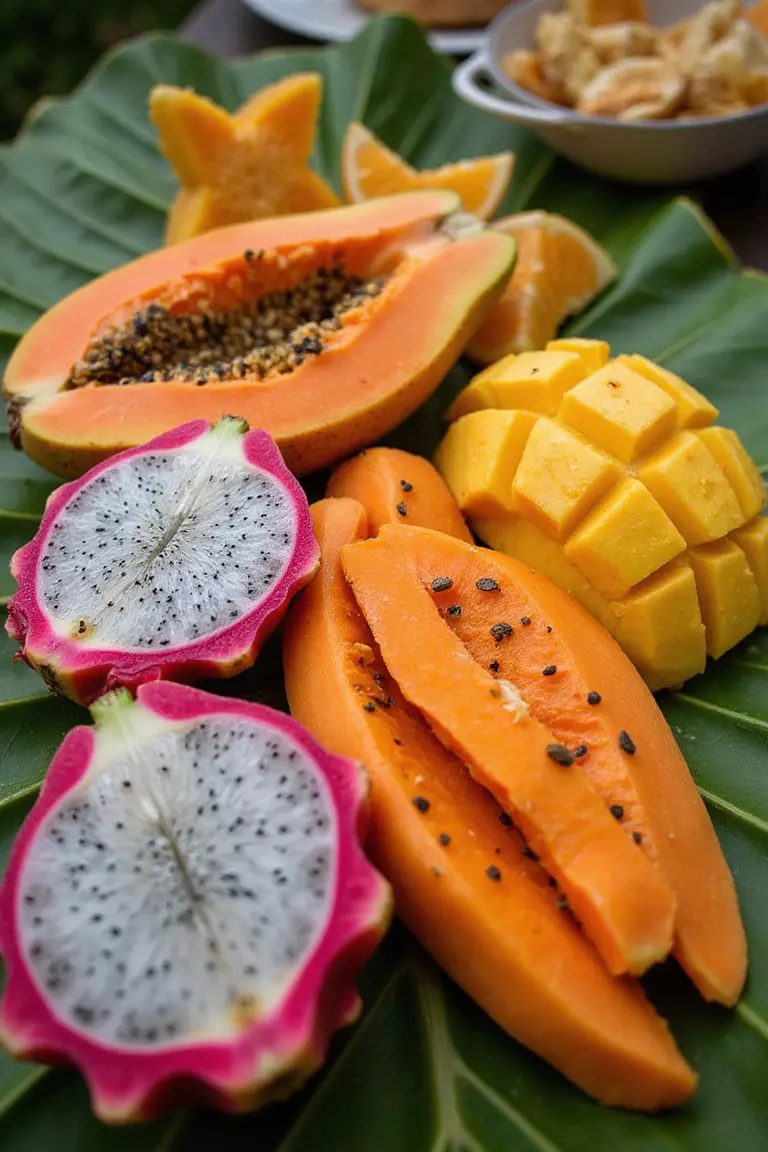 Tropical Fruit Displays A professional photo, similar to a photo in a wedding magazine, of a lavish buffet display of sliced tropical fruits on banana leaves, featuring dragon fruit, papaya, mango, and star fruit.