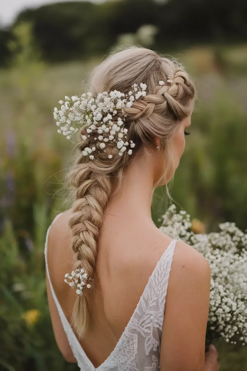 Bohemian Fishtail Braid With Baby's Breath A professional photo, similar to a photo in a wedding magazine, of a bohemian fishtail braid with delicate baby's breath flowers woven throughout, cascading over the bride's shoulder.