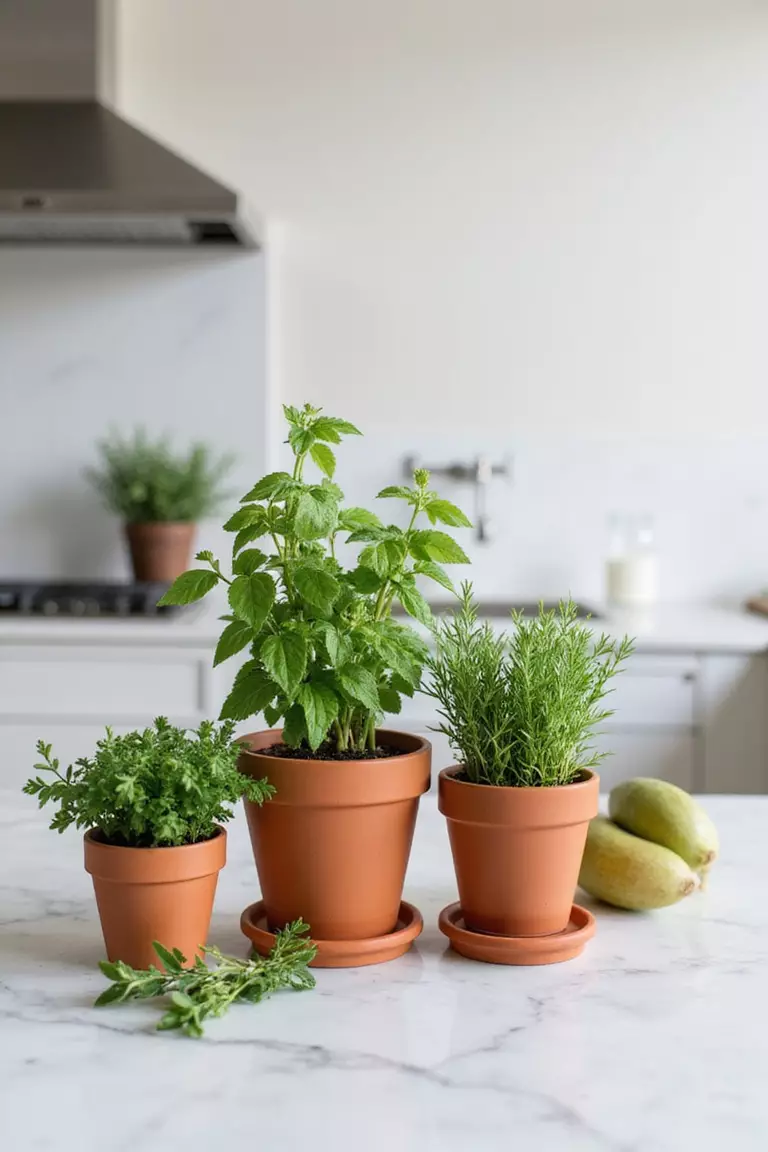 Miniature Potted Herbs A professional photo, similar to a photo in a wedding magazine, of small terra cotta pots with fresh herbs, arranged on a white marble countertop.