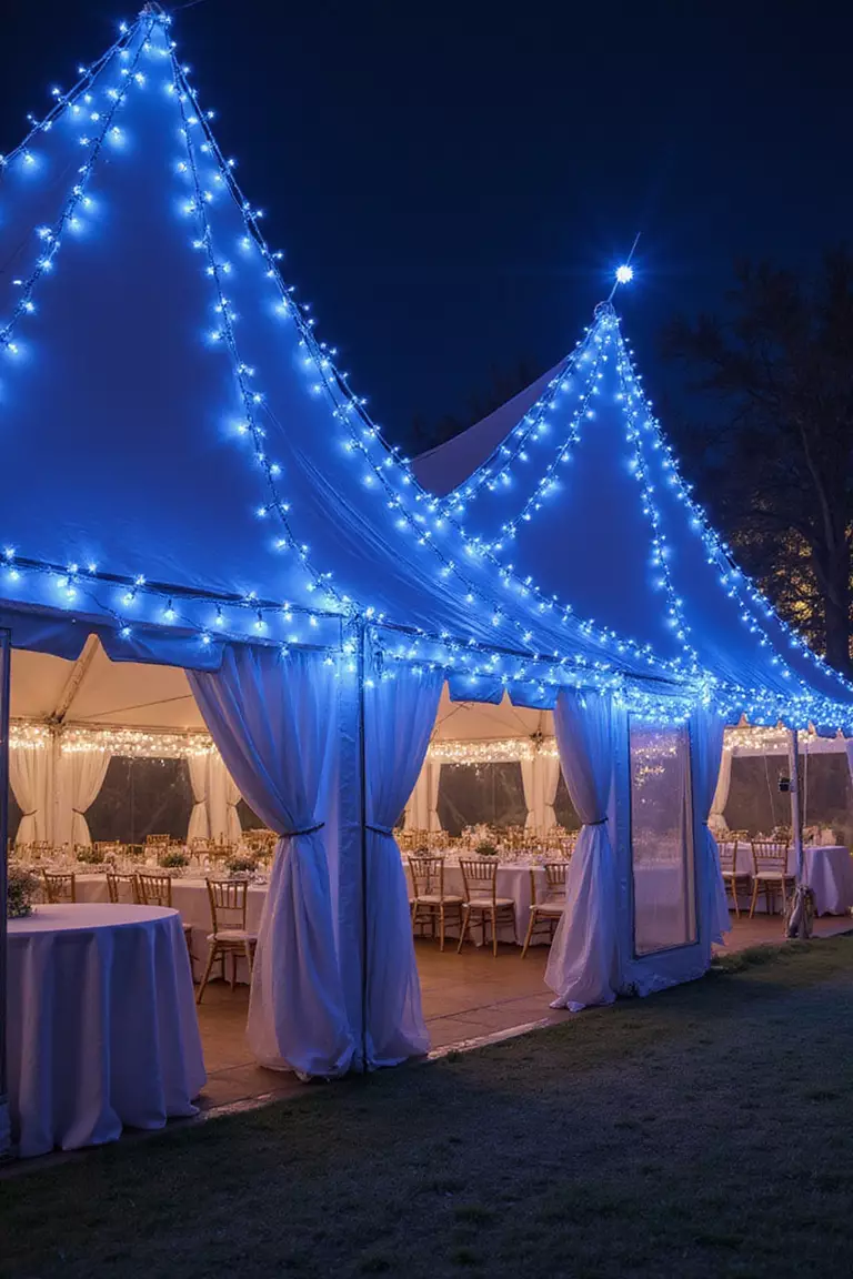 White Tents With Blue String Lights A professional photo, similar to a photo in a wedding magazine, of elegant white reception tents illuminated by strands of twinkling blue string lights creating a magical atmosphere.