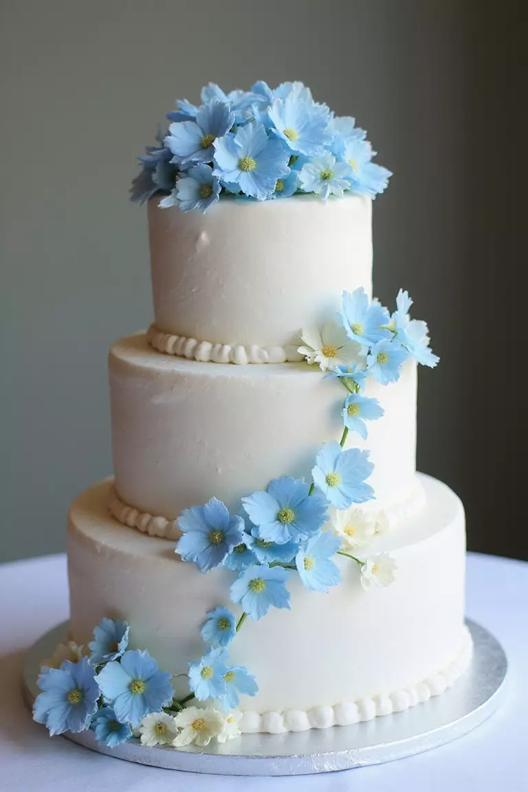 White Wedding Cake With Blue Flowers A professional photo, similar to a photo in a wedding magazine, of a three-tier white fondant wedding cake decorated with cascading blue hydrangeas and delicate sugar flowers.