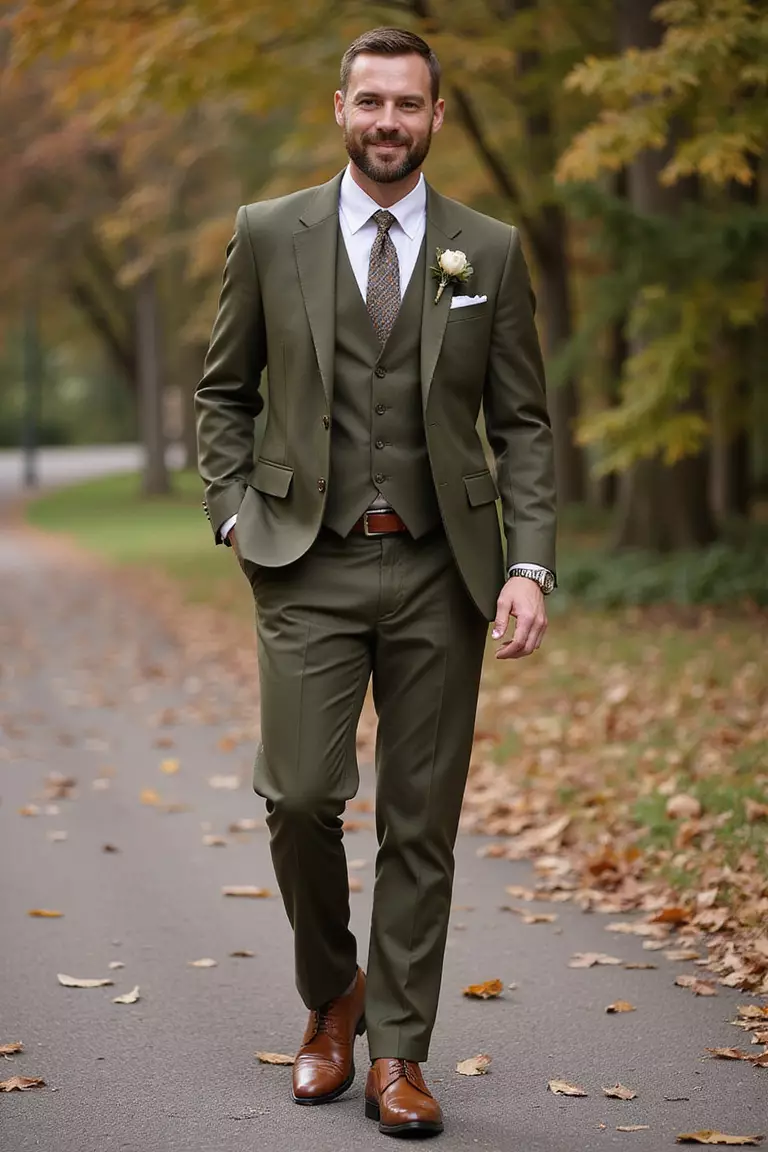 Olive Green Suit With Brown Accessories A professional photo, similar to a photo in a wedding magazine, of a man in an olive green suit complemented by brown leather shoes, belt, and watch at an autumn wedding.