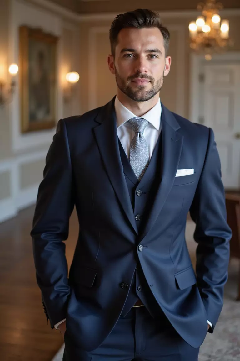 Classic Navy Suit With White Shirt A professional photo, similar to a photo in a wedding magazine, of a man wearing a classic navy suit with crisp white shirt and silk tie, standing confidently in a wedding venue.