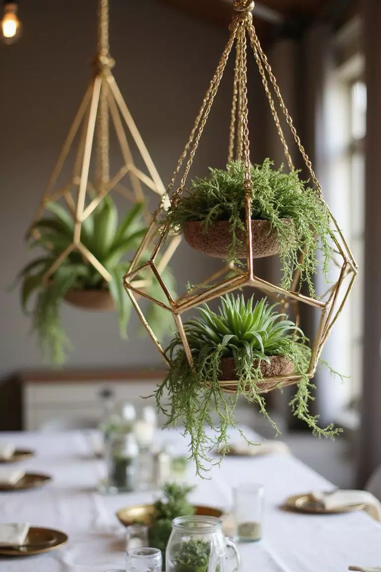 Geometric Metal Frame Garlands With Succulents A professional photo, similar to a photo in a wedding magazine, of modern gold geometric frames adorned with succulents and air plants suspended over dining tables.