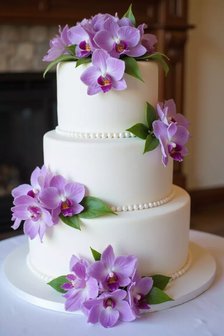Tropical Wedding Cakes With Orchids A professional photo, similar to a photo in a wedding magazine, of a three-tier white wedding cake decorated with cascading purple orchids, tropical leaves, and edible pearls.