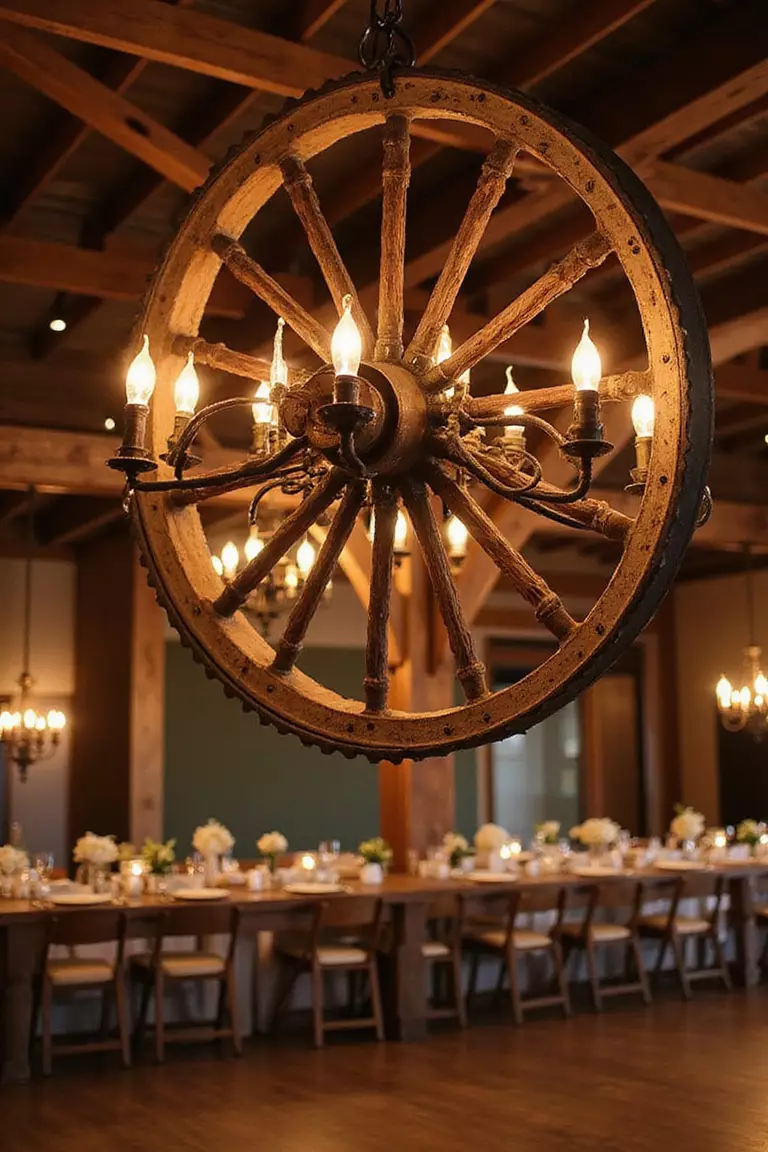 Wagon Wheel Chandeliers A professional photo, similar to a photo in a wedding magazine, of antique wagon wheels transformed into stunning chandeliers, illuminating a rustic reception space with warm, golden light.