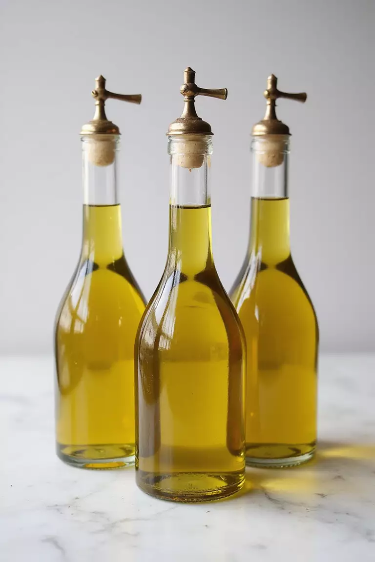 Infused Olive Oil Bottles A professional photo, similar to a photo in a wedding magazine, of glass bottles of golden olive oil with decorative pourers arranged on a marble surface.
