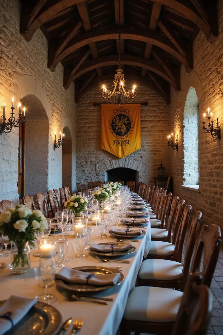 Medieval Dark Castle Setting A professional photo, similar to a photo in a wedding magazine, of stone walls adorned with iron sconces, long banquet tables with pewter tableware, and heraldic banners hanging in a castle great hall.