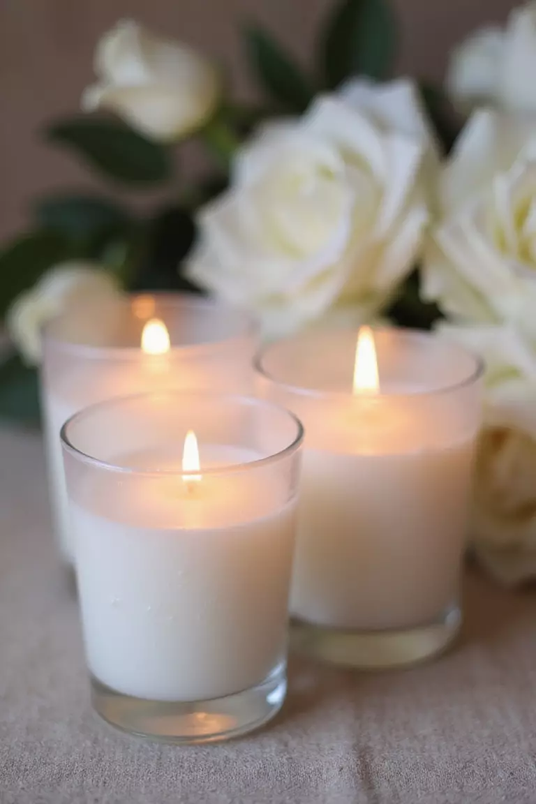 Custom Scented Candles A professional photo, similar to a photo in a wedding magazine, of elegant custom scented candles in frosted glass containers with delicate floral accents.
