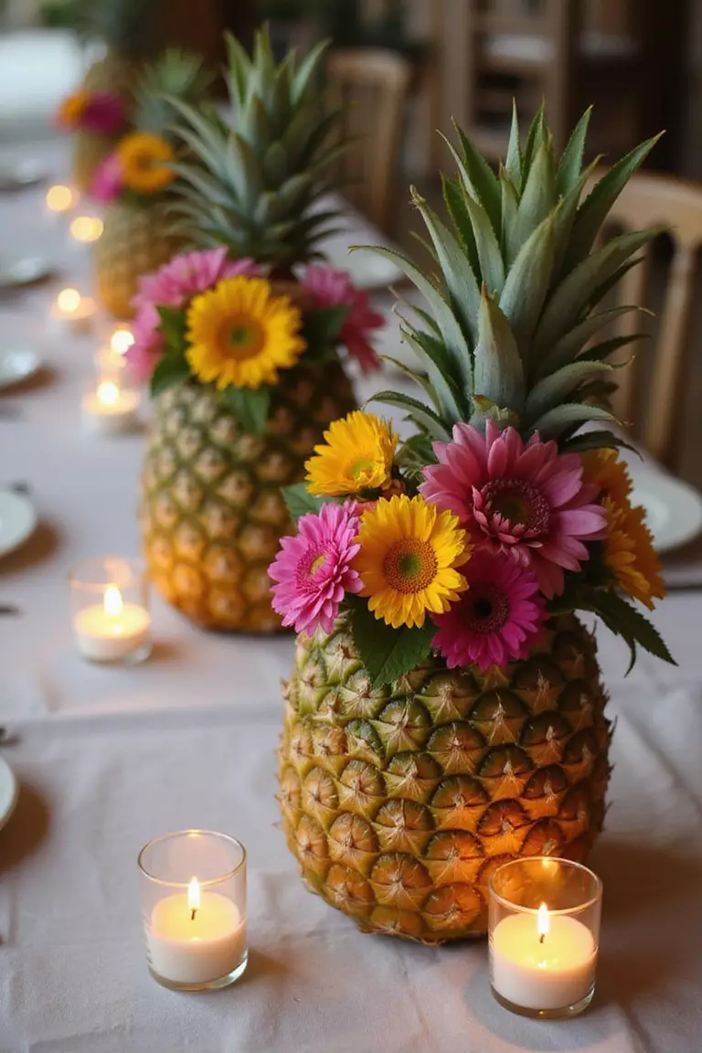 Pineapple Centerpieces A professional photo, similar to a photo in a wedding magazine, of elegant table centerpieces featuring hollowed pineapples filled with vibrant tropical flowers and surrounded by tea lights.
