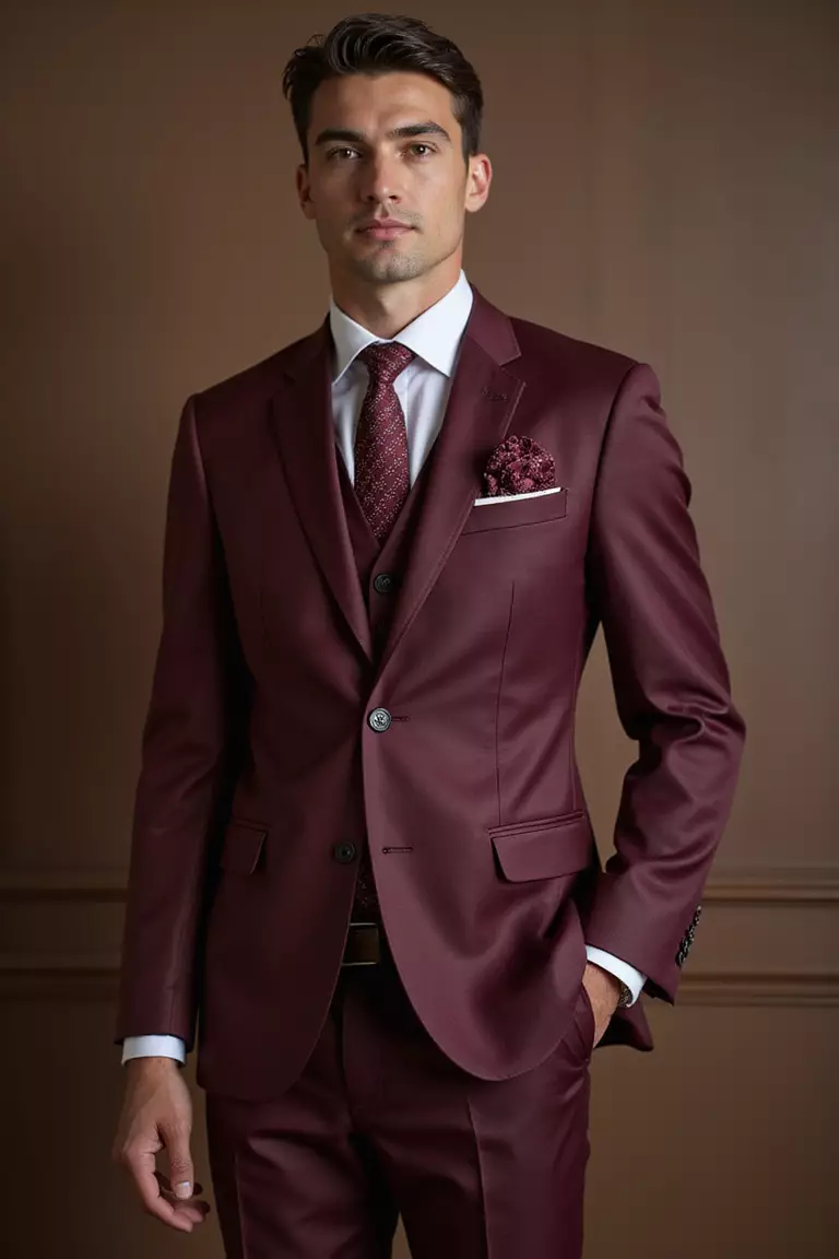 Burgundy Suit For Fall Weddings A professional photo, similar to a photo in a wedding magazine, of a man wearing a rich burgundy suit with subtle sheen, perfect for a sophisticated fall wedding celebration.