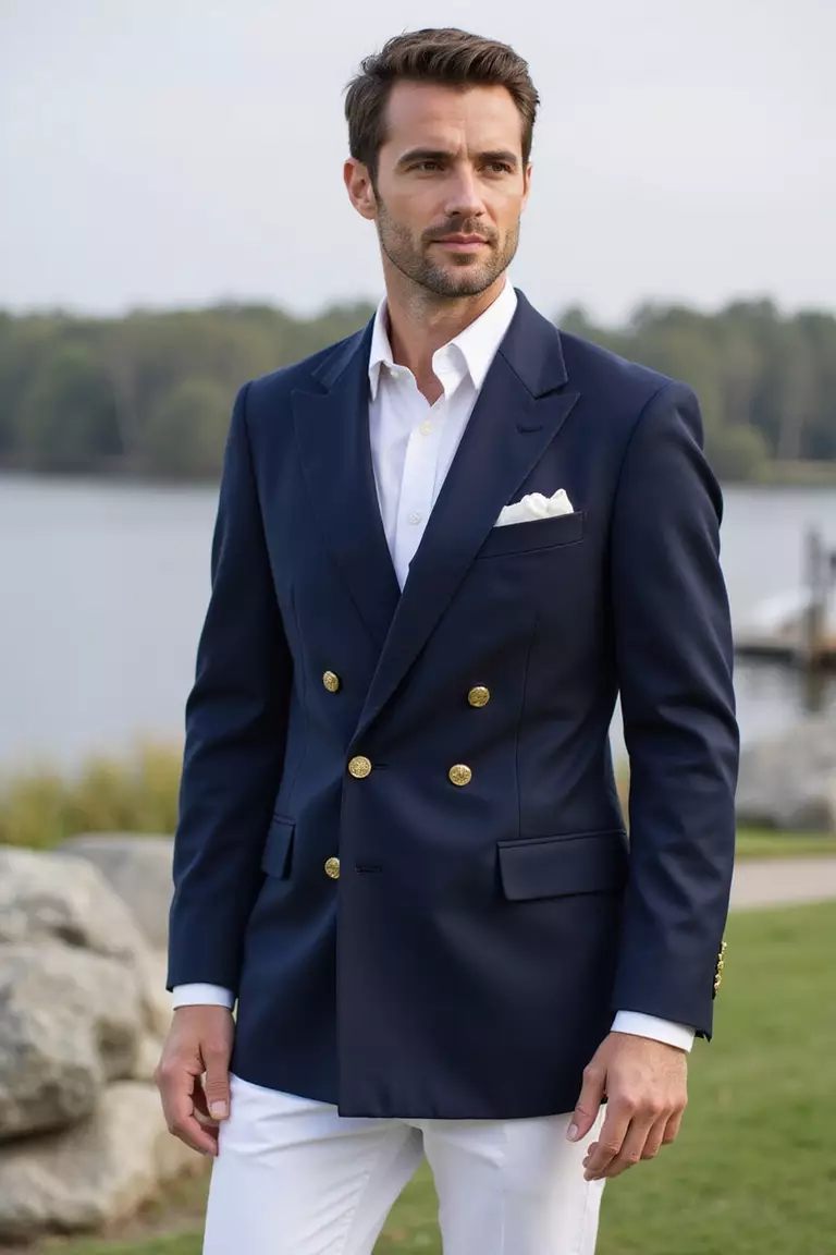 Navy Double-Breasted Blazer With White Pants A professional photo, similar to a photo in a wedding magazine, of a man in a navy double-breasted blazer with gold buttons paired with crisp white pants at a yacht club wedding.