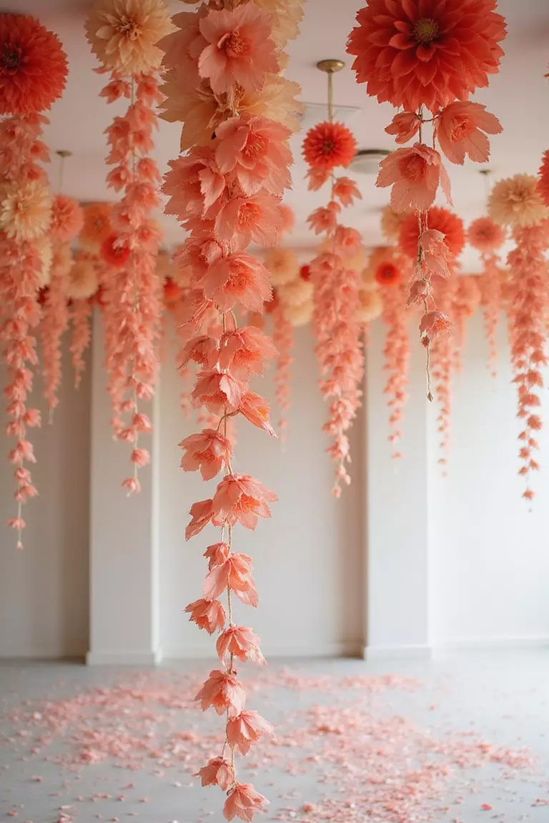 Paper Flower Cascades In Custom Colors A professional photo, similar to a photo in a wedding magazine, of handcrafted paper flower garlands in coral and peach cascading from ceiling to floor.