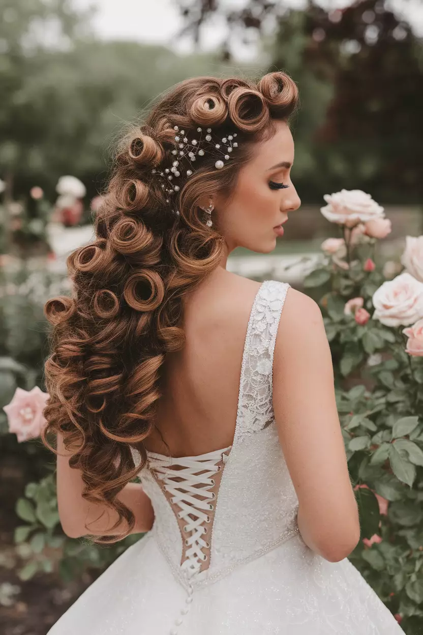 Corkscrew Curls with Pearl Pins A professional photo, similar to a photo in a wedding magazine, of a bride with defined corkscrew curls throughout her hair, delicately accented with scattered pearl pins.