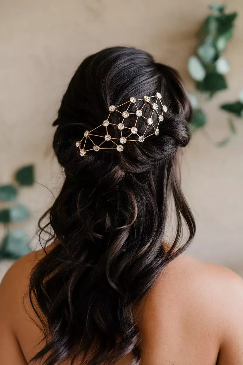Asymmetrical Updo With Jeweled Hairpins A professional photo, similar to a photo in a wedding magazine, of an asymmetrical updo with jeweled hairpins arranged in a constellation-like pattern against dark hair.