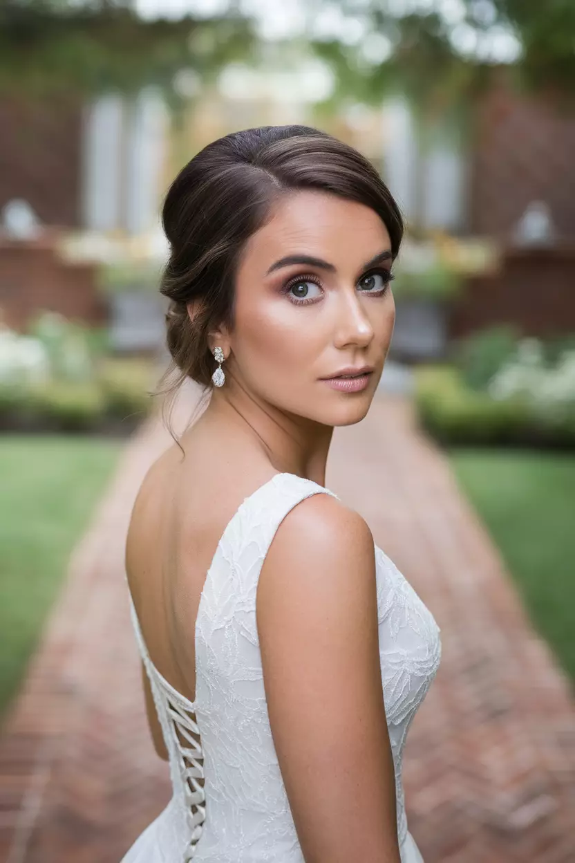 A professional photo, similar to a photo in a wedding magazine, of a bride with brown eyes with deep navy eyeshadow in the outer corner blending into champagne on the lid.
