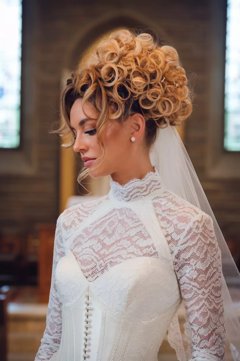Messy Curly Chignon A professional photo, similar to a photo in a wedding magazine, of a bride with an artfully messy curly chignon secured at the nape, with wispy curled tendrils framing her face.