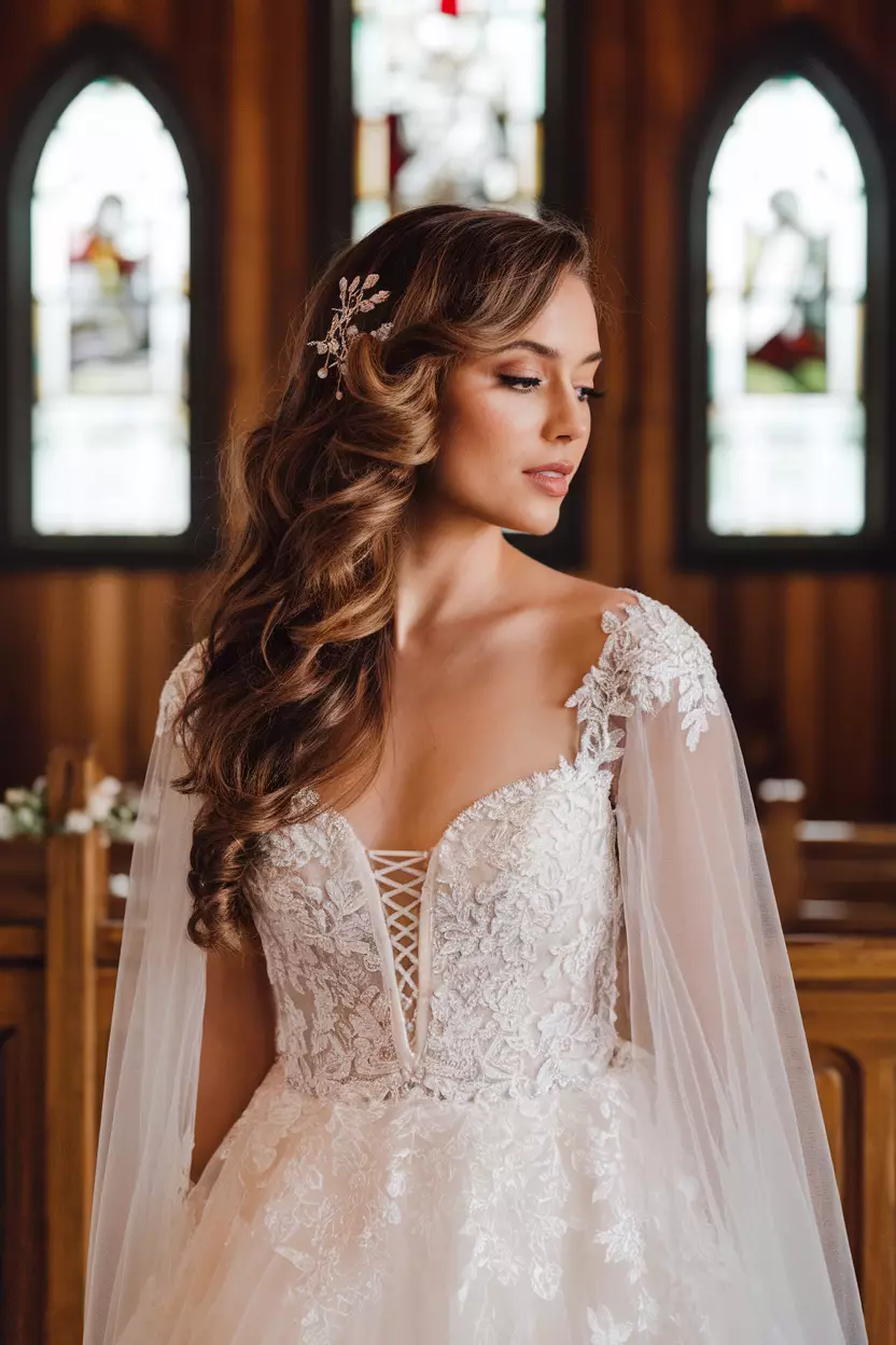 Elegant Side-Swept Curls A professional photo, similar to a photo in a wedding magazine, of a bride with elegant side-swept curls cascading over one shoulder, adorned with subtle crystal hair pins.