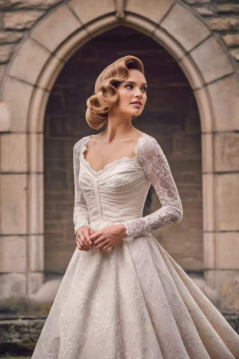 Vintage-Inspired Finger Waves A professional photo, similar to a photo in a wedding magazine, of a beautiful bride with a vintage-inspired finger waves creating a glamorous silhouette, reminiscent of 1920s bridal elegance.