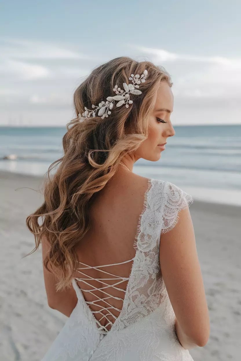 Beach Wave Curls with Hair Accessories A professional photo, similar to a photo in a wedding magazine, of a bride with relaxed beach wave curls adorned with a delicate seashell and pearl hairpiece along one side.