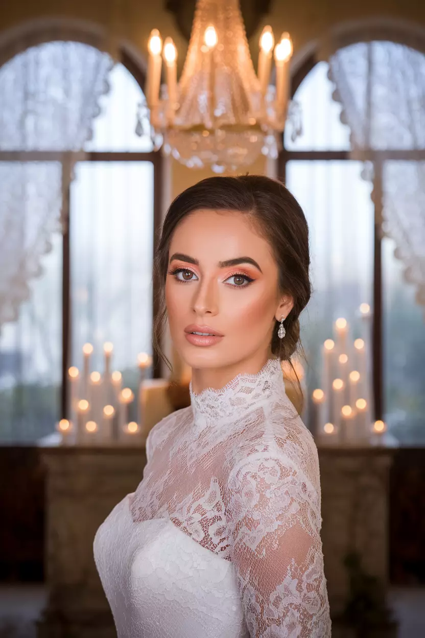 A professional photo, similar to a photo in a wedding magazine, of a bride with brown eyes adorned with peach and gold eyeshadow creating a romantic, luminous glow.