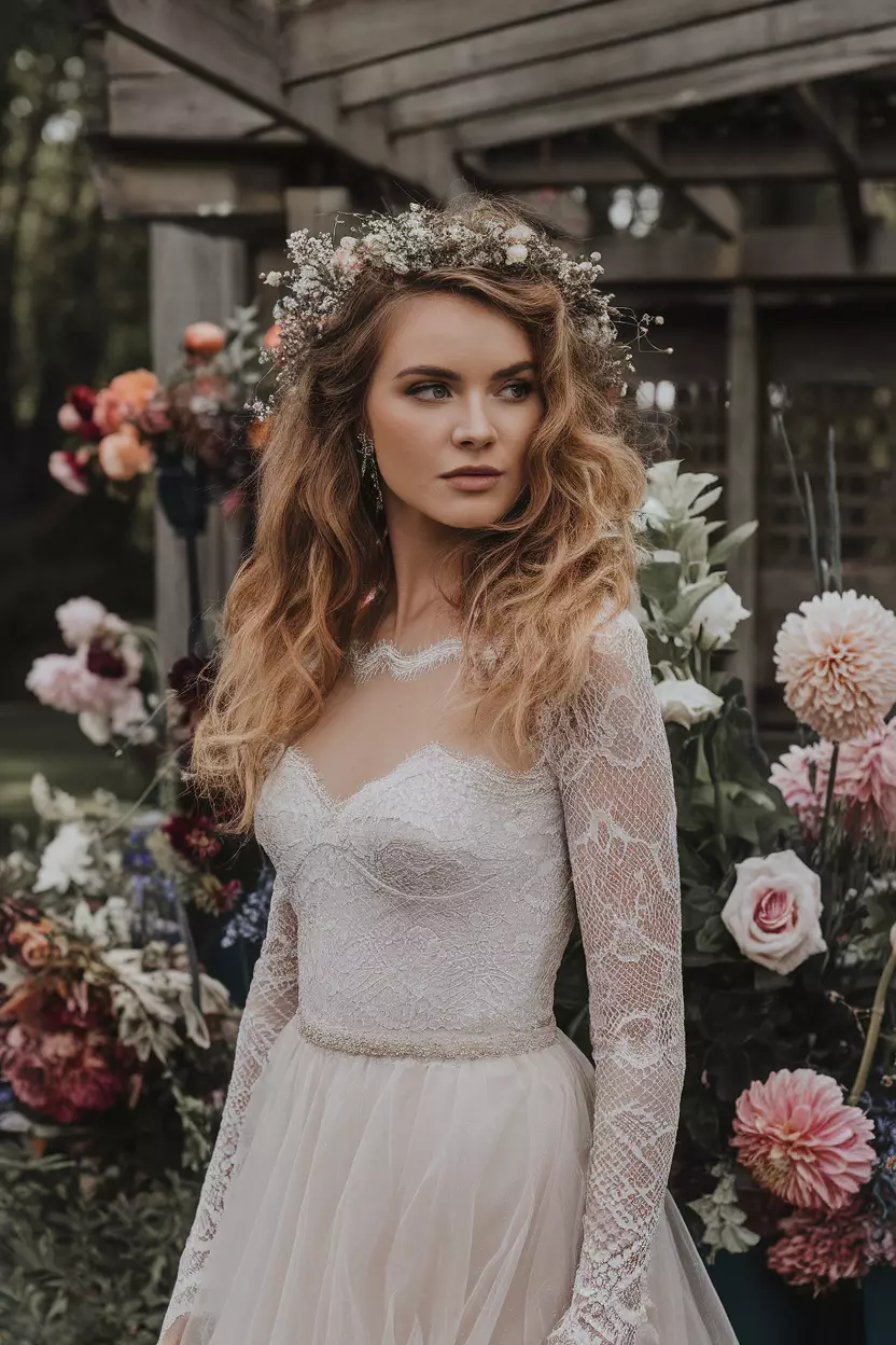 Bohemian Loose Curls with Flower Crown A professional photo, similar to a photo in a wedding magazine, of a bride with bohemian loose curls crowned with a delicate wildflower arrangement, set against a garden backdrop.
