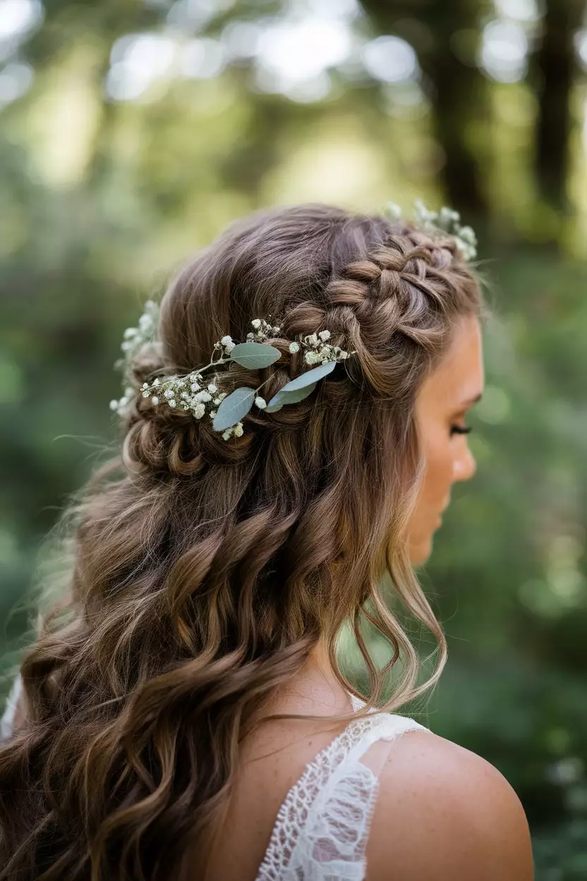 Boho Curly Halo Braid A professional photo, similar to a photo in a wedding magazine, of a bride displaying a bohemian halo braid with curly wisps, adorned with tiny wildflowers and sage sprigs.