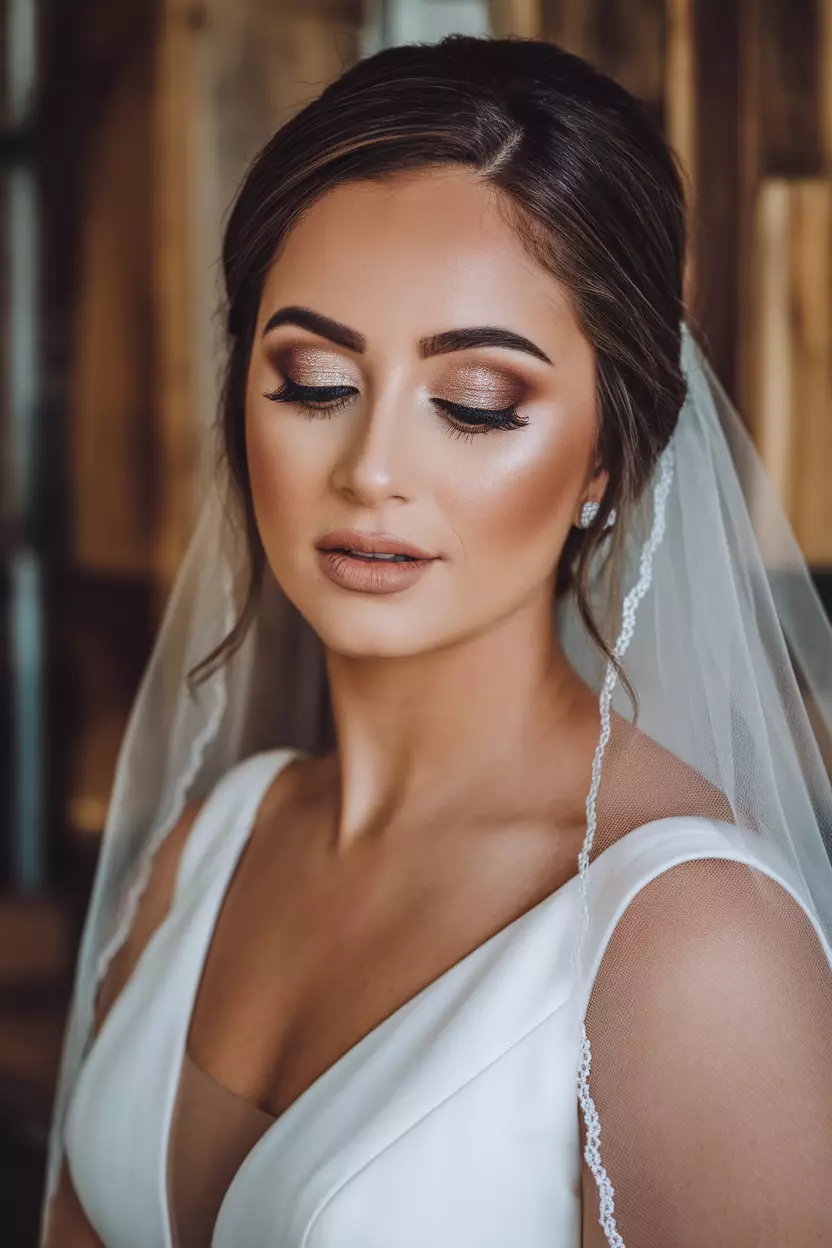 A professional photo, similar to a photo in a wedding magazine, of a bride with brown eyes featuring shimmering taupe eyeshadow with a defined crease and winged outer corner.