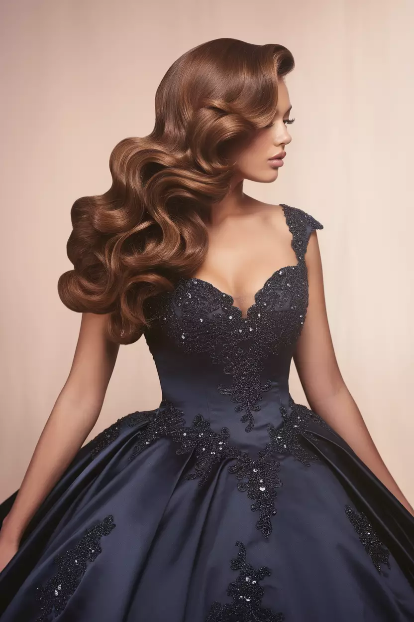 Hollywood Waves With Side Part A professional photo, similar to a photo in a wedding magazine, of glossy Hollywood waves with a deep side part, cascading over the shoulder of a satin wedding gown.