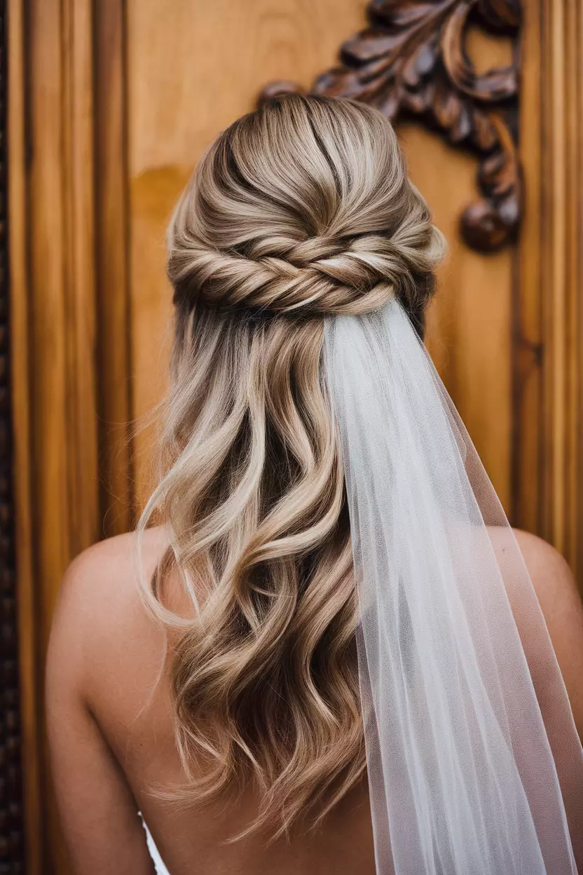 Half-Up Twisted Style With Veil Placement A professional photo, similar to a photo in a wedding magazine, of a half-up twisted hairstyle with strategically placed veil attachment, showing both volume and elegant flowing locks.