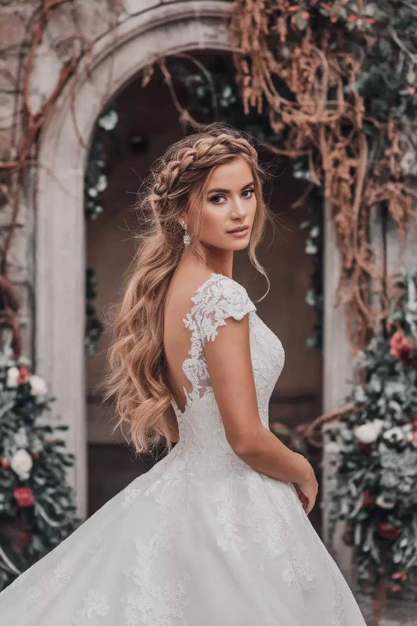 Braided Crown With Loose Waves A professional photo, similar to a photo in a wedding magazine, of a braided crown intertwined with loose romantic waves, framing the bride's face with soft tendrils.
