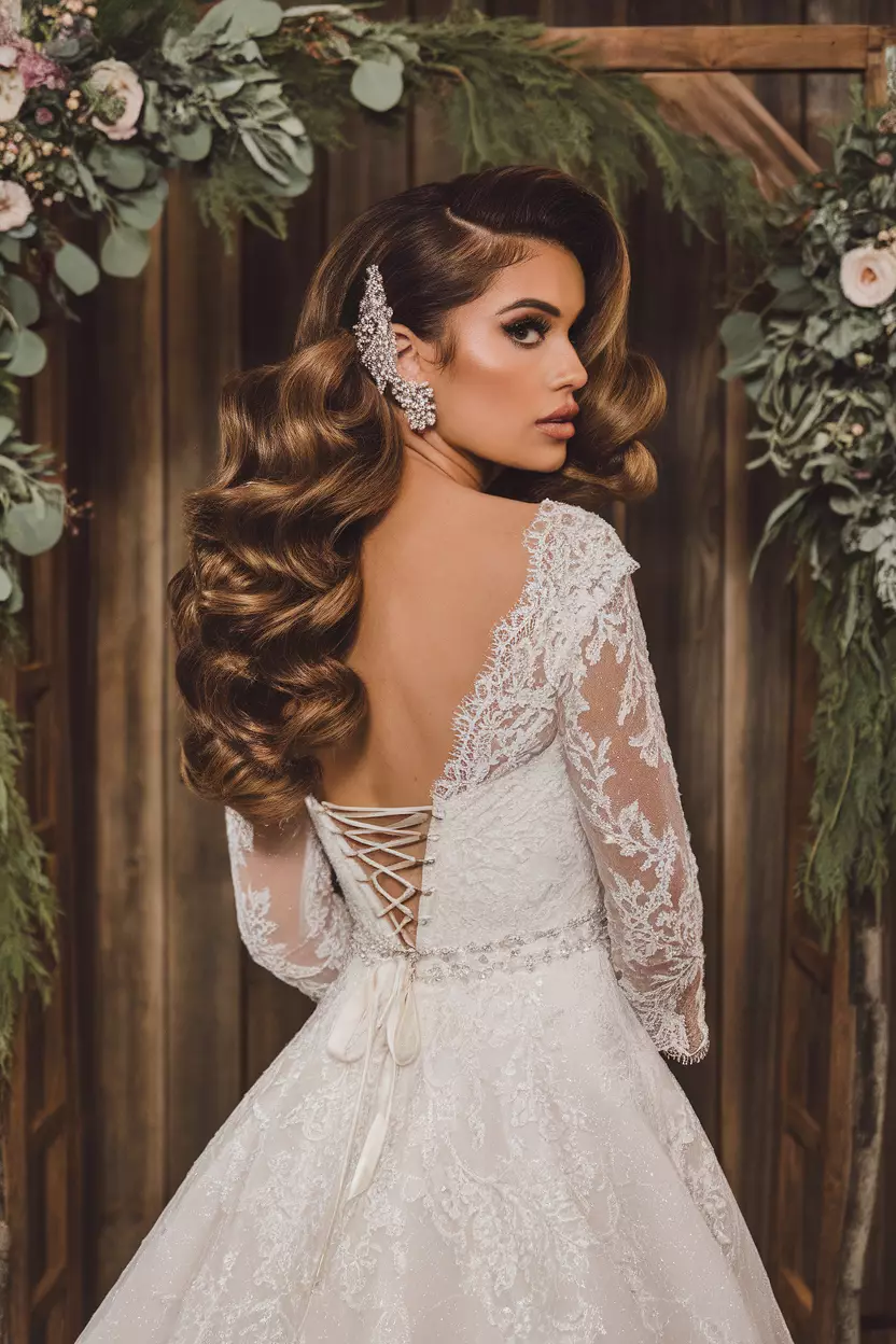 Side Part Glamour Curls A professional photo, similar to a photo in a wedding magazine, of a bride with deep side-parted glamorous curls reminiscent of Old Hollywood, with one side tucked behind a bejeweled ear cuff.