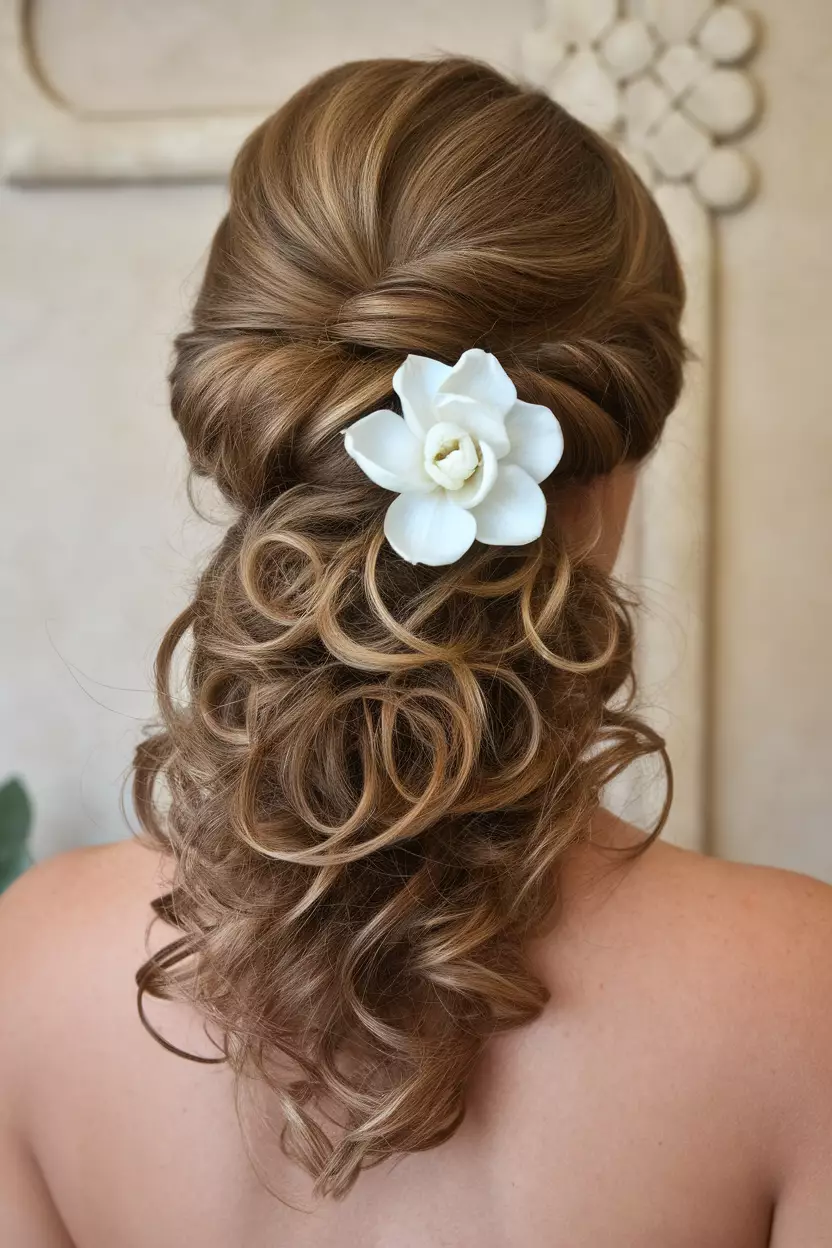 French Twist With Loose Curled Ends A professional photo, similar to a photo in a wedding magazine, of a sophisticated French twist with loose curled ends spilling out, adorned with a single white gardenia.
