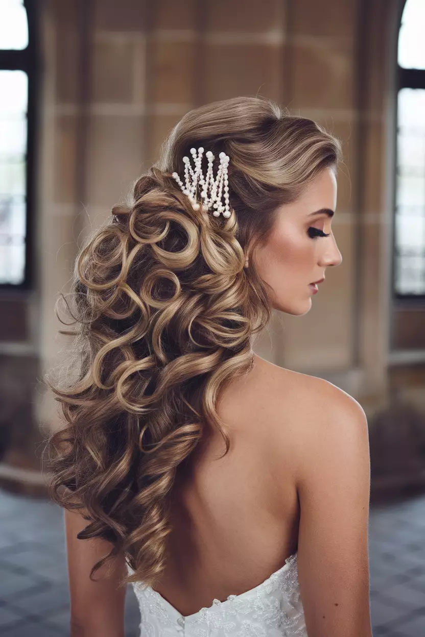 Classic Half-Up Half-Down Curly Style A professional photo, similar to a photo in a wedding magazine, of a bride with a classic half-up style, abundant curls flowing down her back, with twisted sections secured by pearl pins.