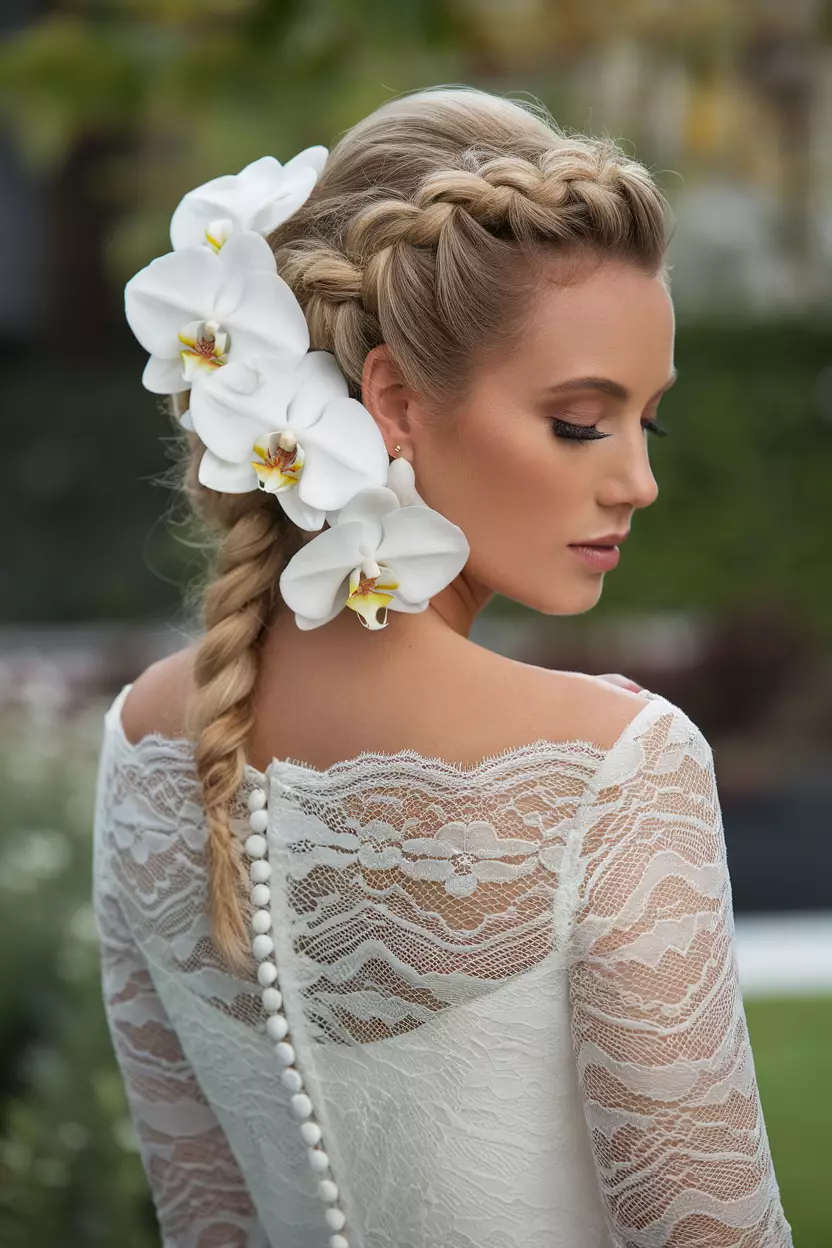 Twisted Rope Braid With Orchids A professional photo, similar to a photo in a wedding magazine, of a beautiful bride with a twisted rope braid with white orchids tucked into the folds, creating an elegant silhouette against bridal lace.