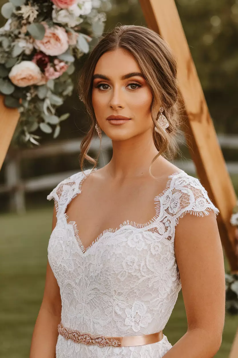 A professional photo, similar to a photo in a wedding magazine, of a bride with warm brown eyes wearing rose gold eyeshadow, blush, and highlighter.