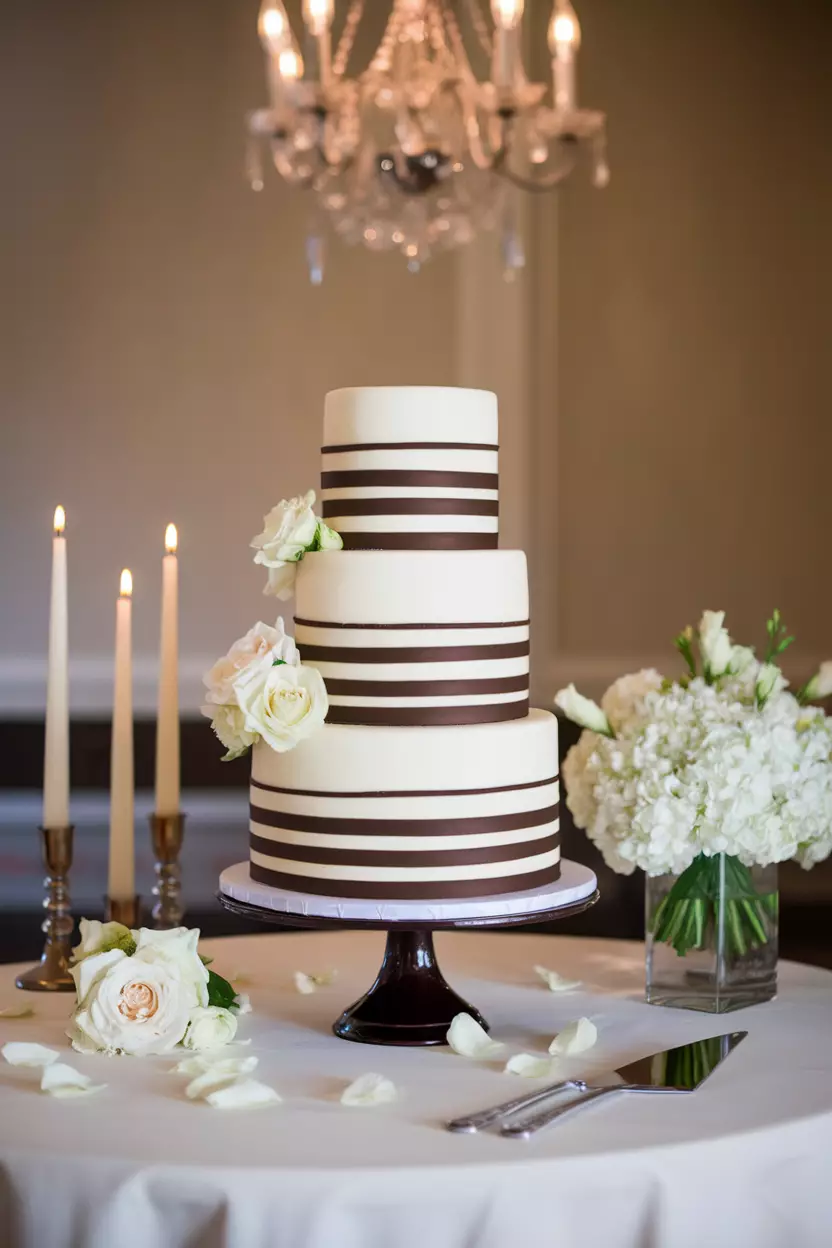 Espresso And Ivory Wedding Theme A professional photo, similar to a photo in a wedding magazine, of sophisticated espresso and ivory colored wedding cake table with matching florals and candle arrangements.
