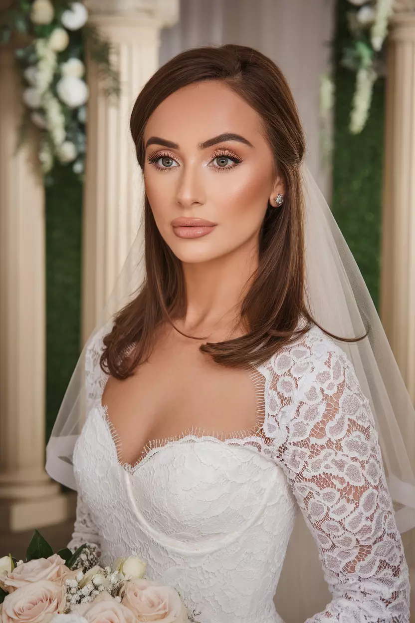 A professional photo, similar to a photo in a wedding magazine, of a bride with brown eyes wearing natural matte brown eyeshadow with subtle contouring in the crease.