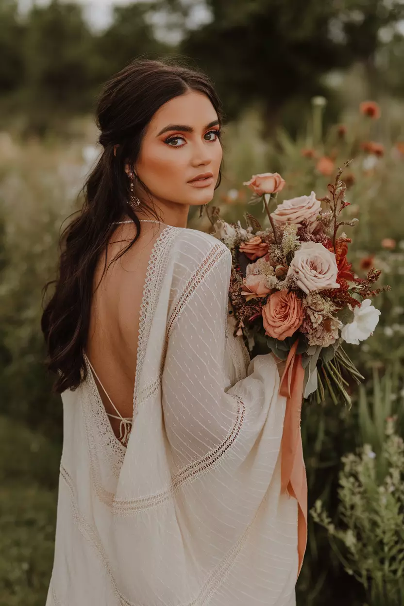 A professional photo, similar to a photo in a wedding magazine, of a bride with brown eyes wearing terracotta and clay-toned eyeshadow for an earthy, bohemian look.
