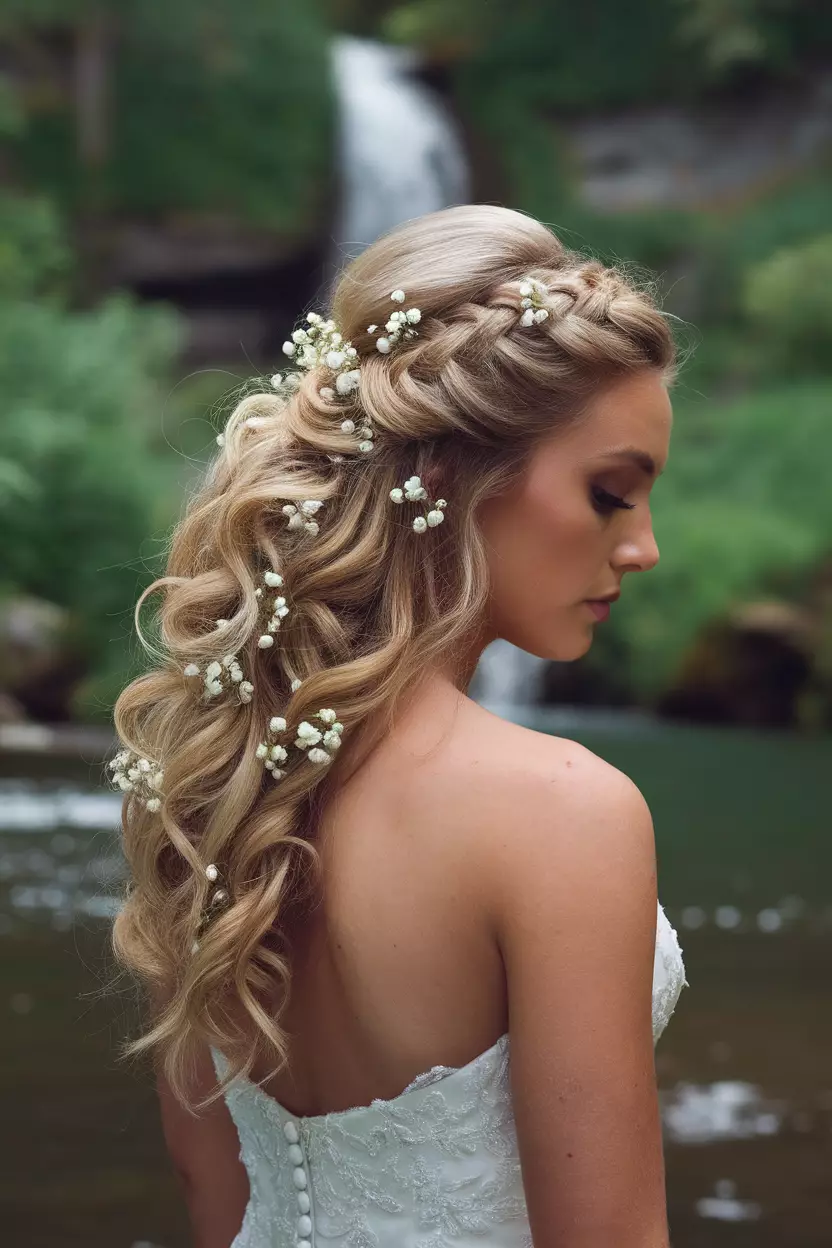 Romantic Waterfall Braid with Curls A professional photo, similar to a photo in a wedding magazine, of a bride showcasing a romantic waterfall braid intertwined with soft cascading curls and decorated with tiny white flowers.