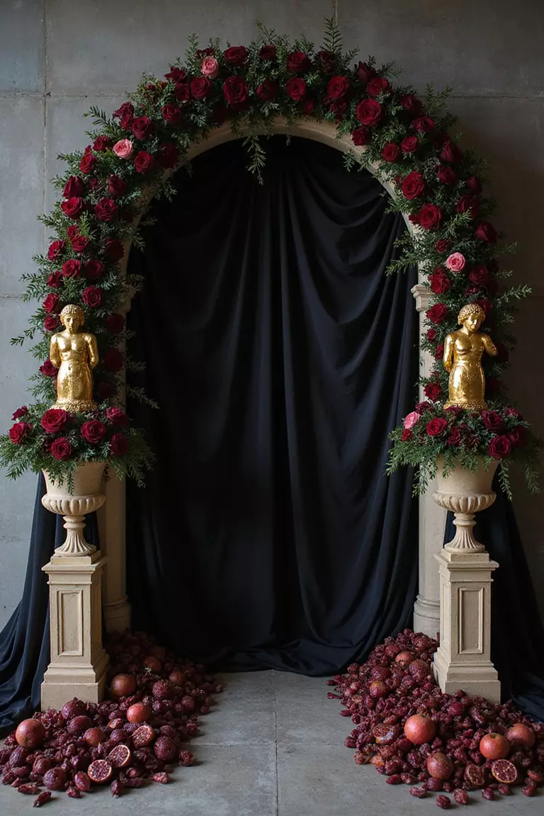 Dark Mythology Gods And Goddesses A professional photo, similar to a photo in a wedding magazine, of a dramatic wedding arch with black roses, pomegranates, golden statues, and dark drapery reminiscent of ancient Greek underworld mythology.