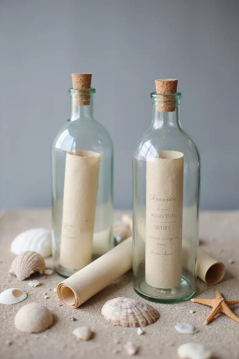 Message In A Bottle Invitations A professional photo, similar to a photo in a wedding magazine, of vintage glass bottles containing rolled invitation scrolls, arranged in sand with shells and starfish.