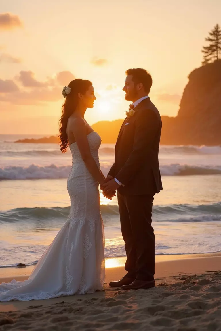 Sunset Ceremony A professional photo, similar to a photo in a wedding magazine, of a couple exchanging vows on a beach with golden sunset light illuminating their faces, ocean waves softly lapping nearby.