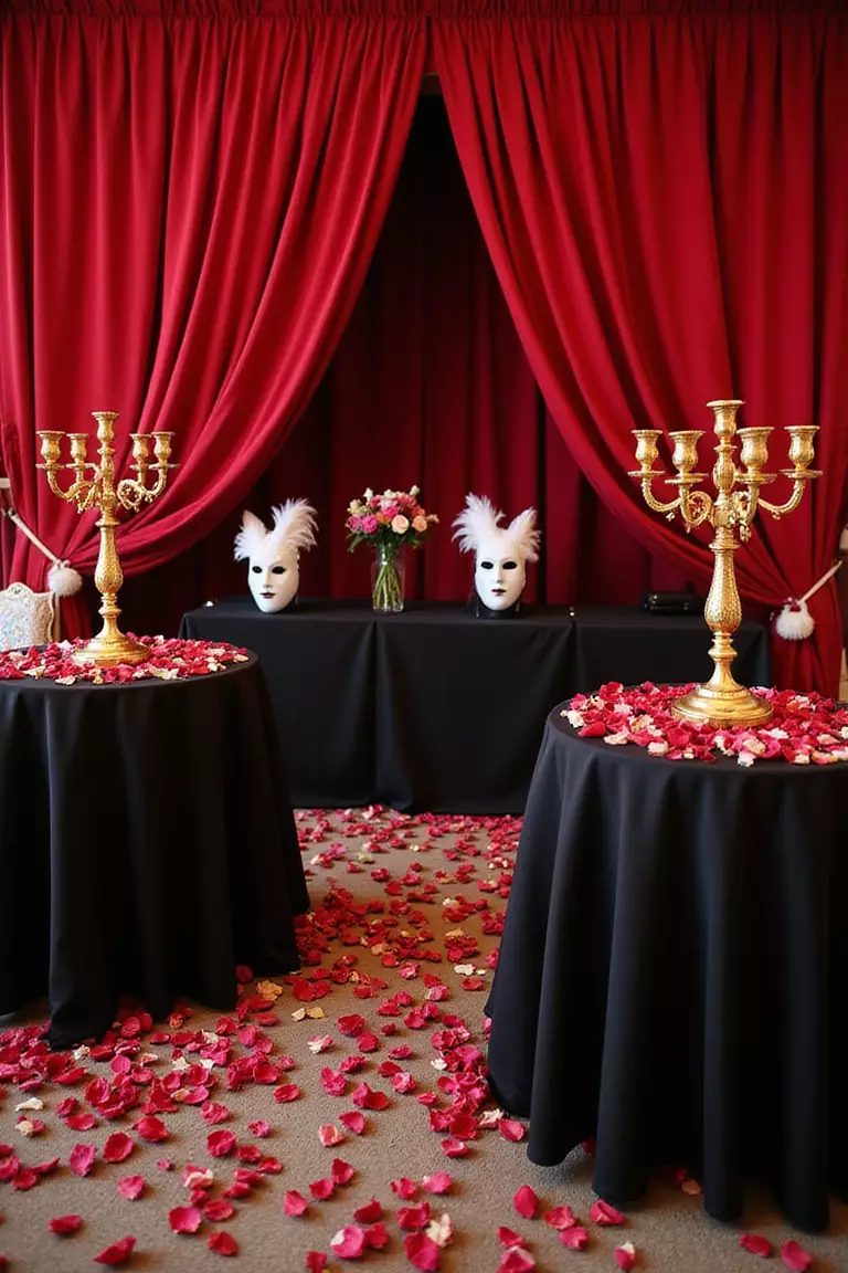 Phantom Of The Opera Theme A professional photo, similar to a photo in a wedding magazine, of a reception space with sweeping red curtains, white masks as decorations, rose petals scattered over black tablecloths, and ornate gold candelabras.